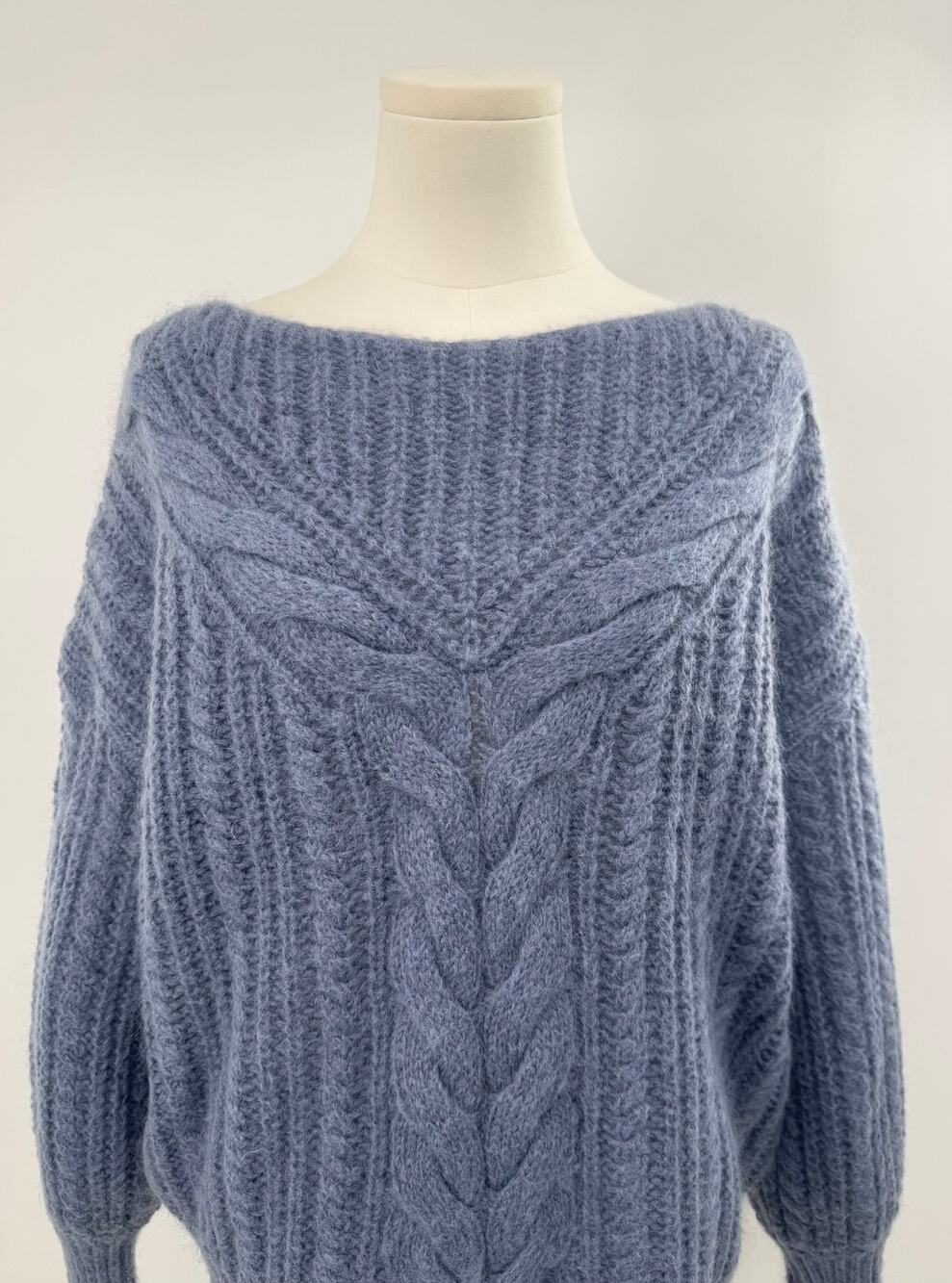 Sezane Marius Blue Wool Kid Mohair Sweater Cableknit Pullover Oversized XS